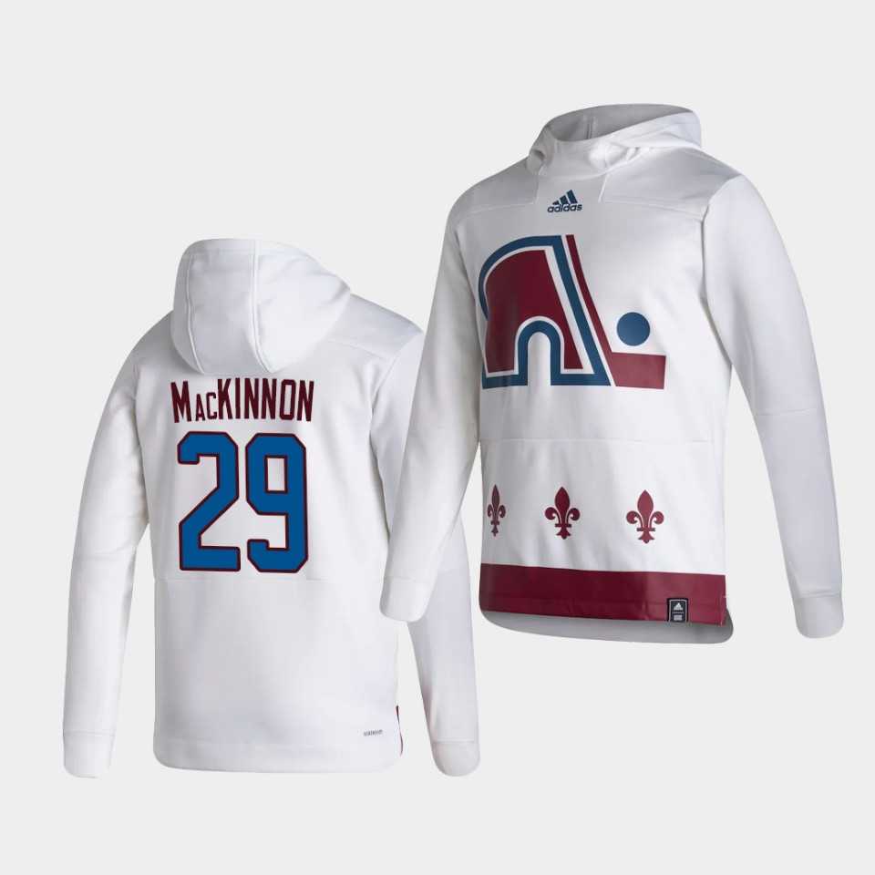 Men Colorado Avalanche 29 Mackinnon White NHL 2021 Adidas Pullover Hoodie Jersey